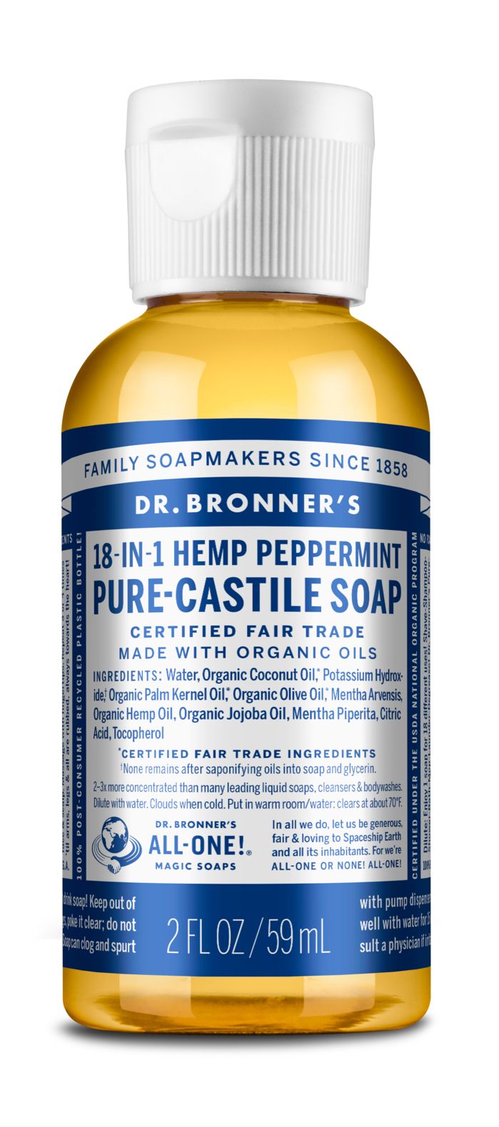 DR BRONNER'S PURE-CASTILE LIQUID SOAP PEPPERMINT 59ml