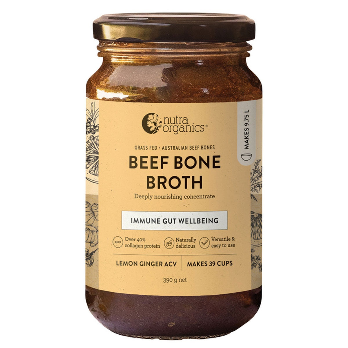 Nutra Organics Concentrate Beef Broth Lemon Ginger 390g