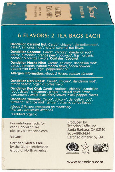 Teeccino Dandelion Herbal Tea Sampler Box 12 Teabags